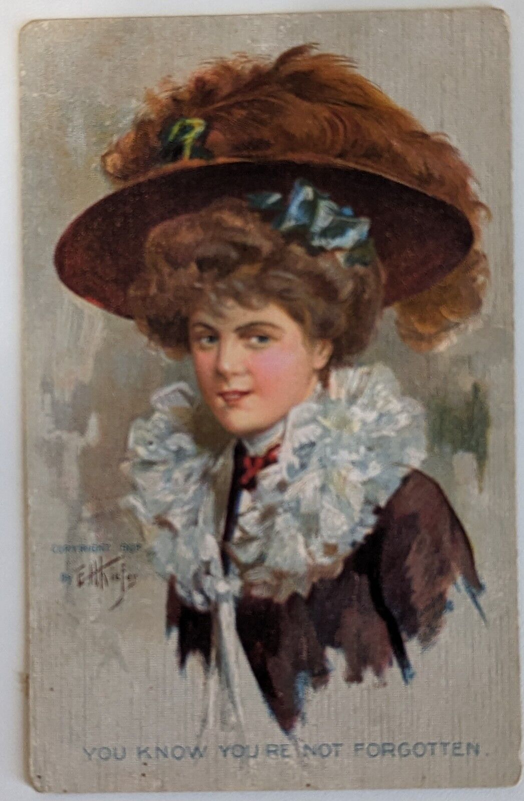VTG Victorian Lady Wearing Large Brown Hat Victorian Drawing Colored