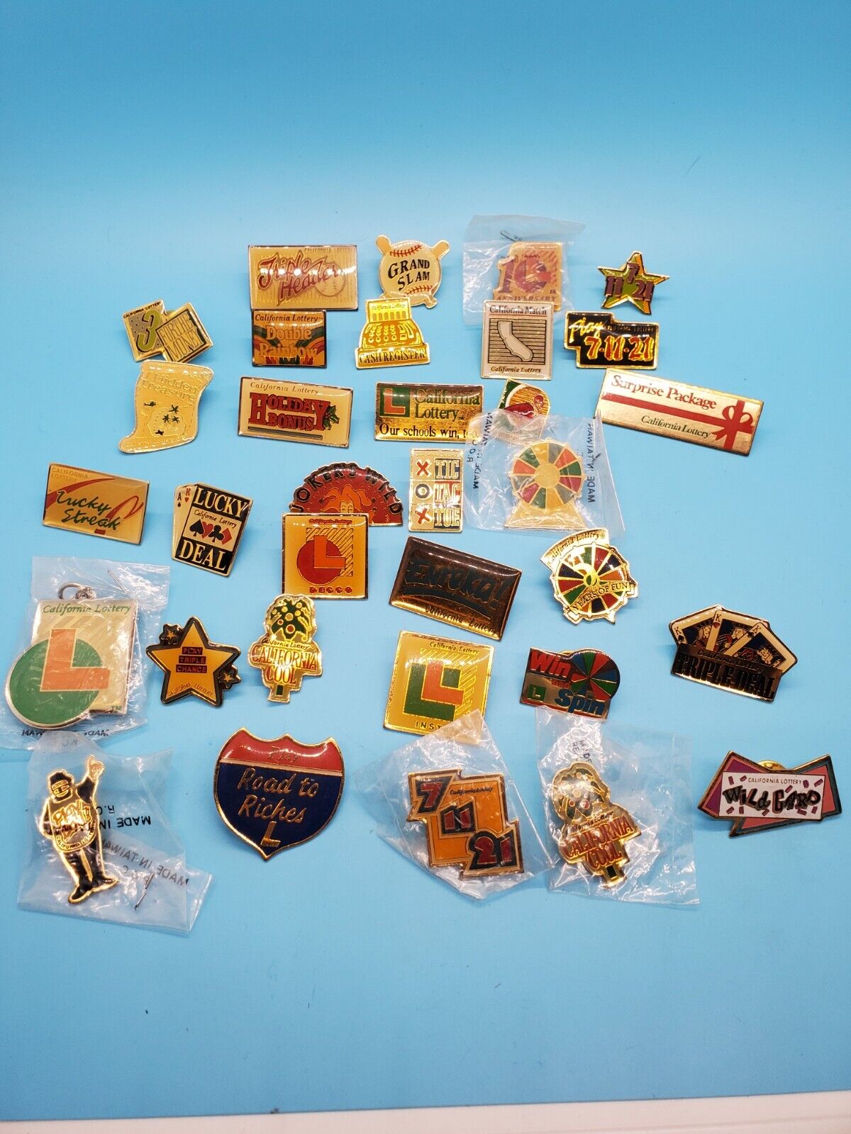 Lot of 32 Vintage California Lottery Lapel Pins And 1 Keychain.  All Different