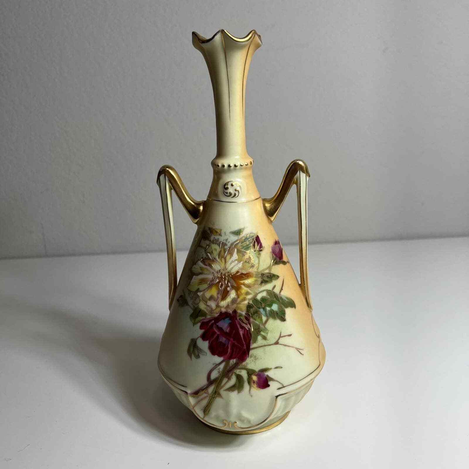 Robert Hanke Vase Floral Design RH Austria Handled Porcelain Unique Antique