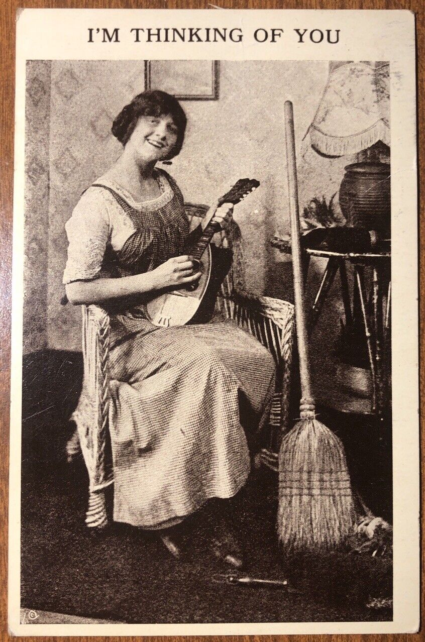 “I’m Thinking of You” Lady Playing Mandolin Antique Postcard Postmarked 1913