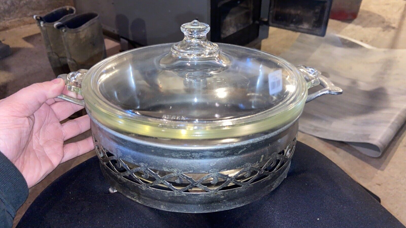 Pyrex Dated 1919-1924 Casserole Dish w/Lid in Chrome Holder