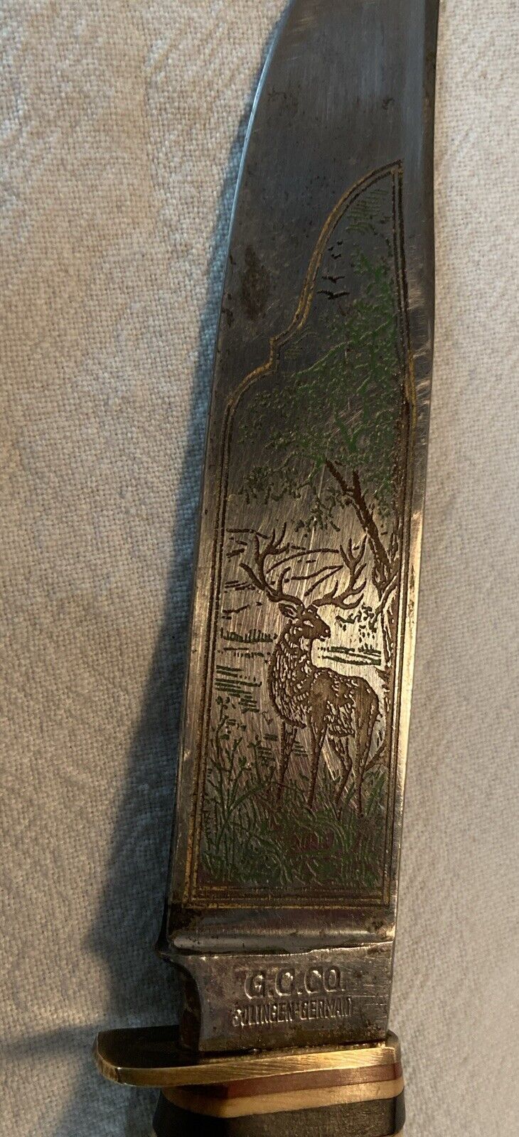 Vintage RARE SOLINGEN GERMANY 486 Stag Horn KNIFE Etched w/ Buck Deer