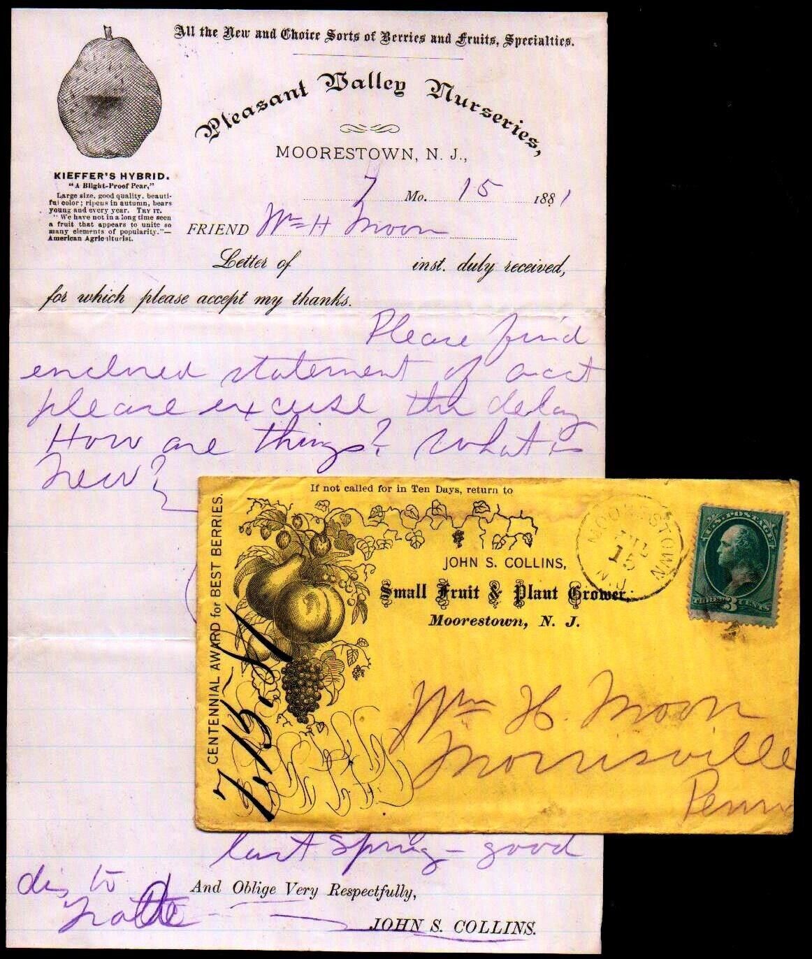 1881 Moorestown NJ - Pleasant Balley Nurseries - Rare Letter Head Bill