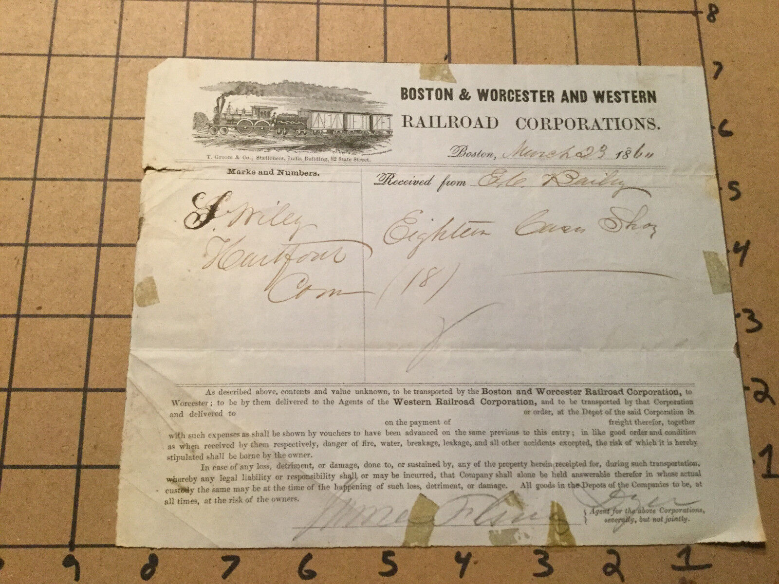 Vintage Original RAILROAD Receipt -1864 - BOSTON WORCESTER & WESTERN w Vingette