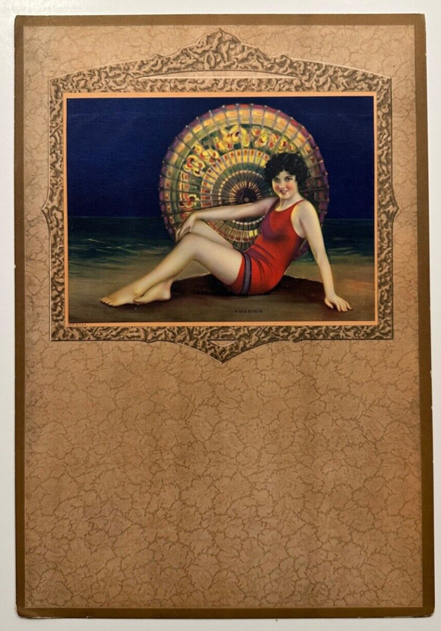 Vintage Original Calendar Art Print A Sea Nymph, Art Deco Flapper Girl Pin-Up