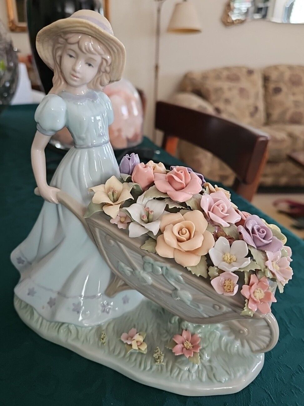 Porcelain LLadro-Style Girl With Wheelbarrow of Flowers 8.5\