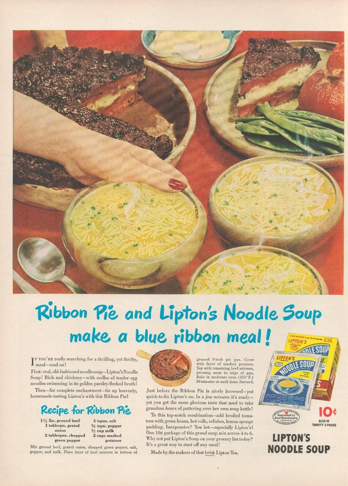 1946 Lipton's Noodle Soup Make a Blue Ribbon Meal Recipe Pie Vintage Print Ad