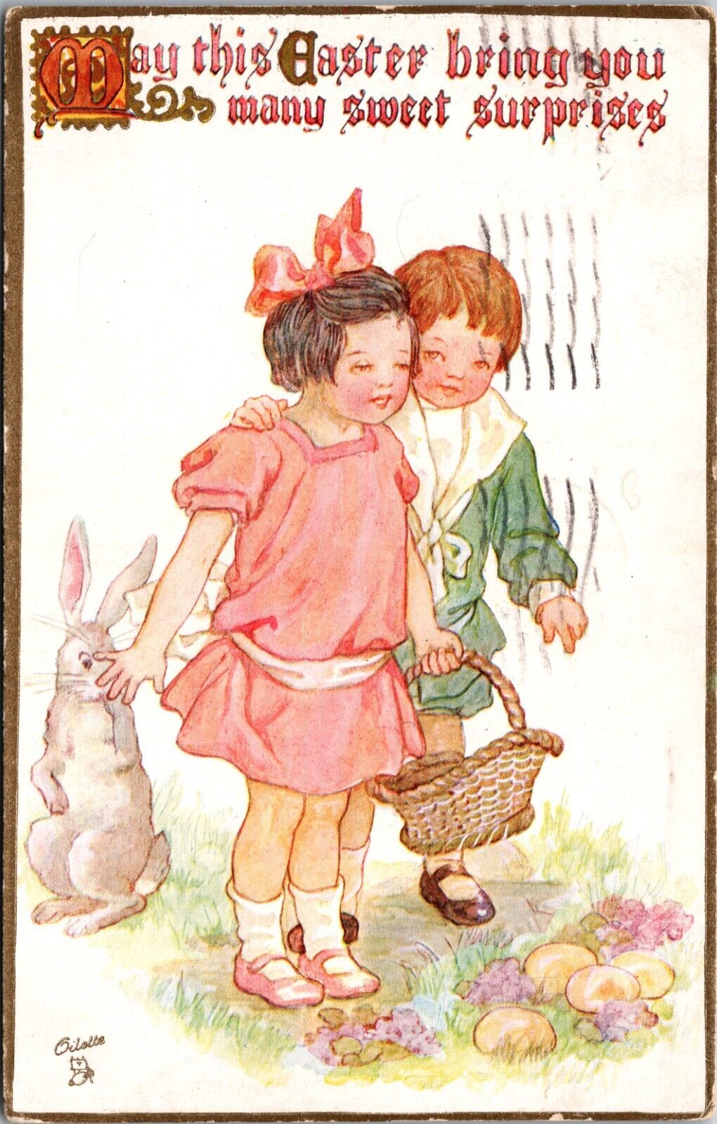 May This Easter Bring You Sweet Surprises Boy Girl Rabbit Eggs Tuck Postcard L2