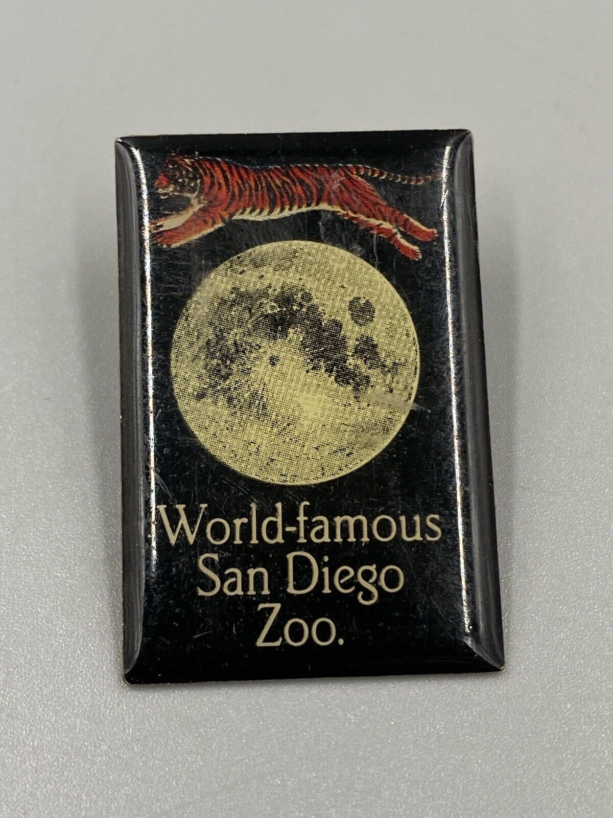 VTG World Famous San Diego Zoo Tiger Jumping Over Moon Lapel Pin Brooch 1.25”