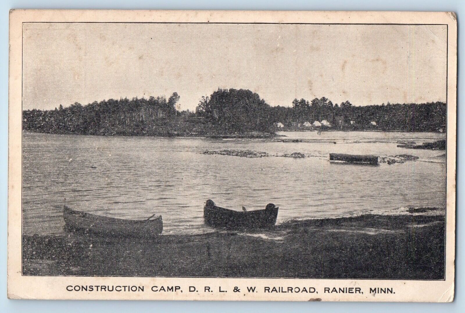 Ranier Minnesota Postcard Construction Camp D.R.L & W Railroad Boat 1908 Vintage