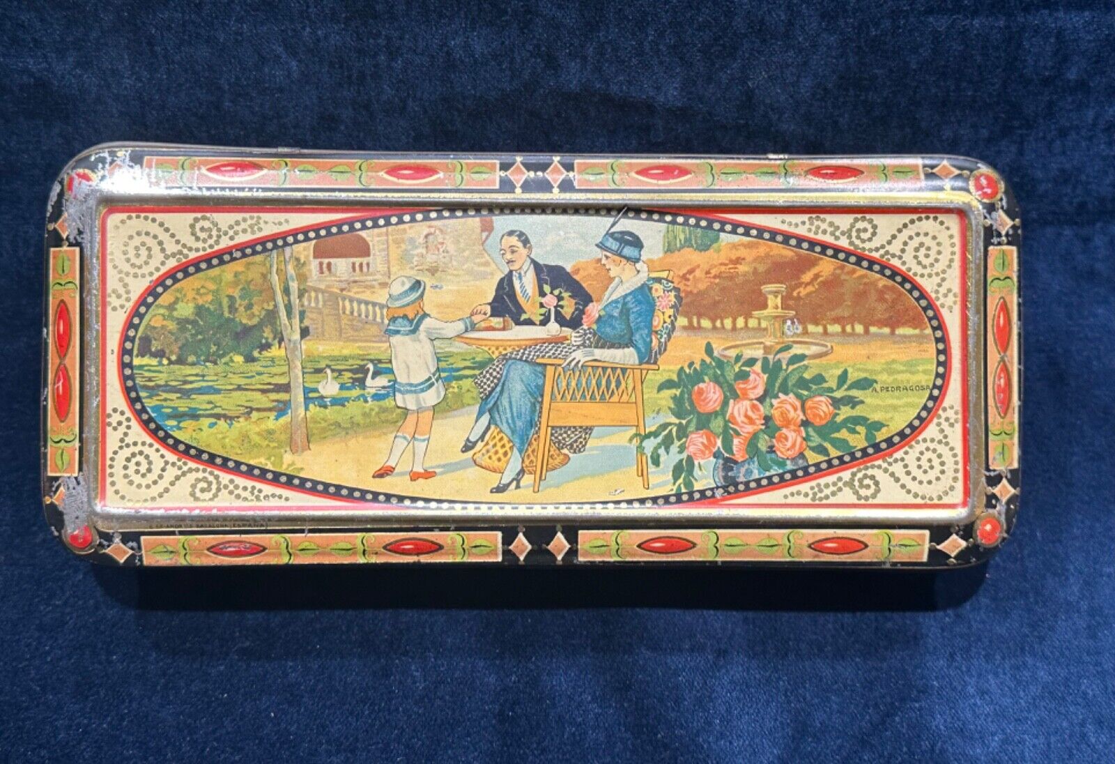 Antique Exquis Chocolate La Suisse, A Rene, Illustrated by A Pedragosa Litho Tin