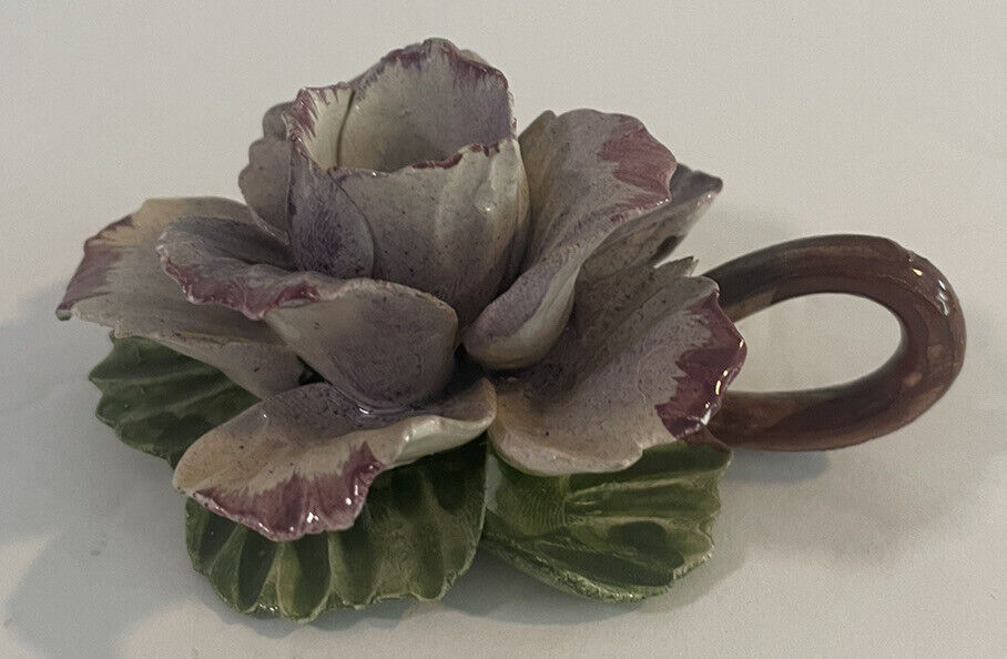 VTG Porcelain Ceramic Small Purple Flower Candle Holder Capodimonte Like 4”
