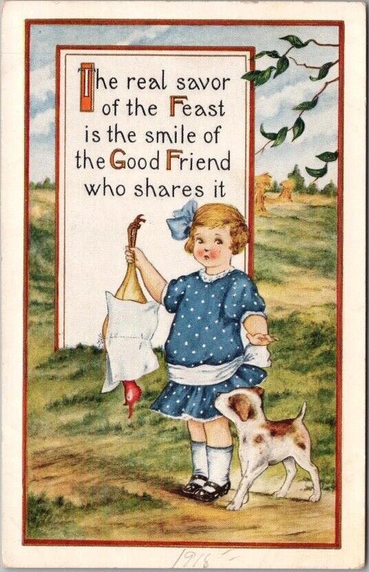 1910s Whitney THANKSGIVING Embossed Postcard Little Girl / Dog and Dead Chicken