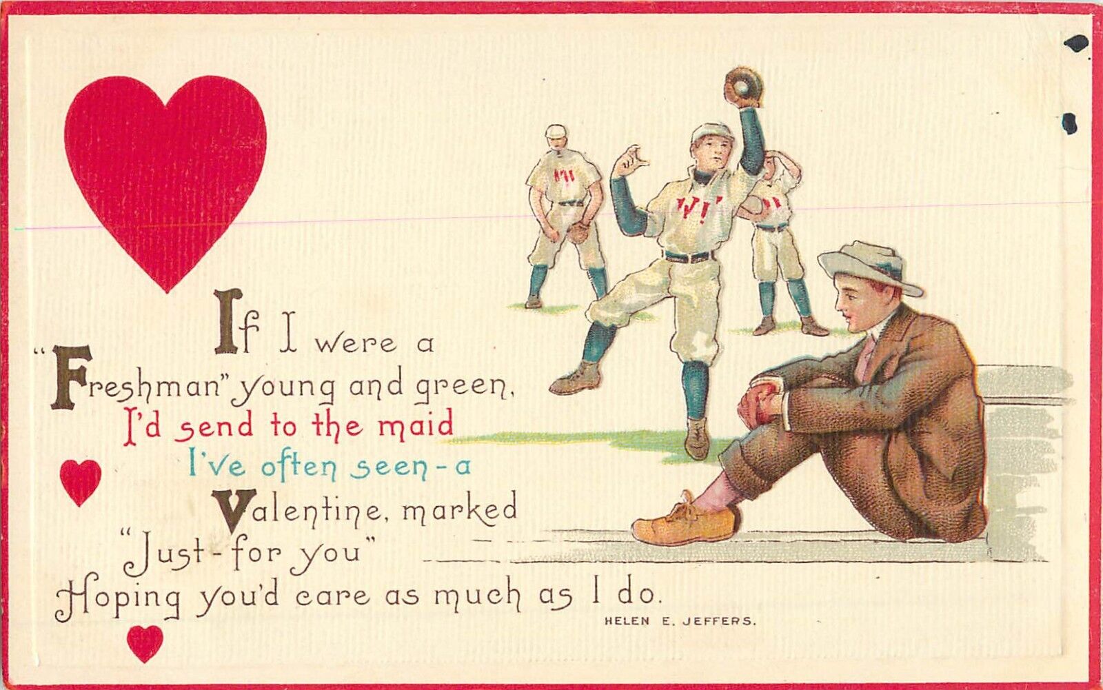 Valentine Postcard Baseball Players Helen Jeffers Poem, Stecher 89-D