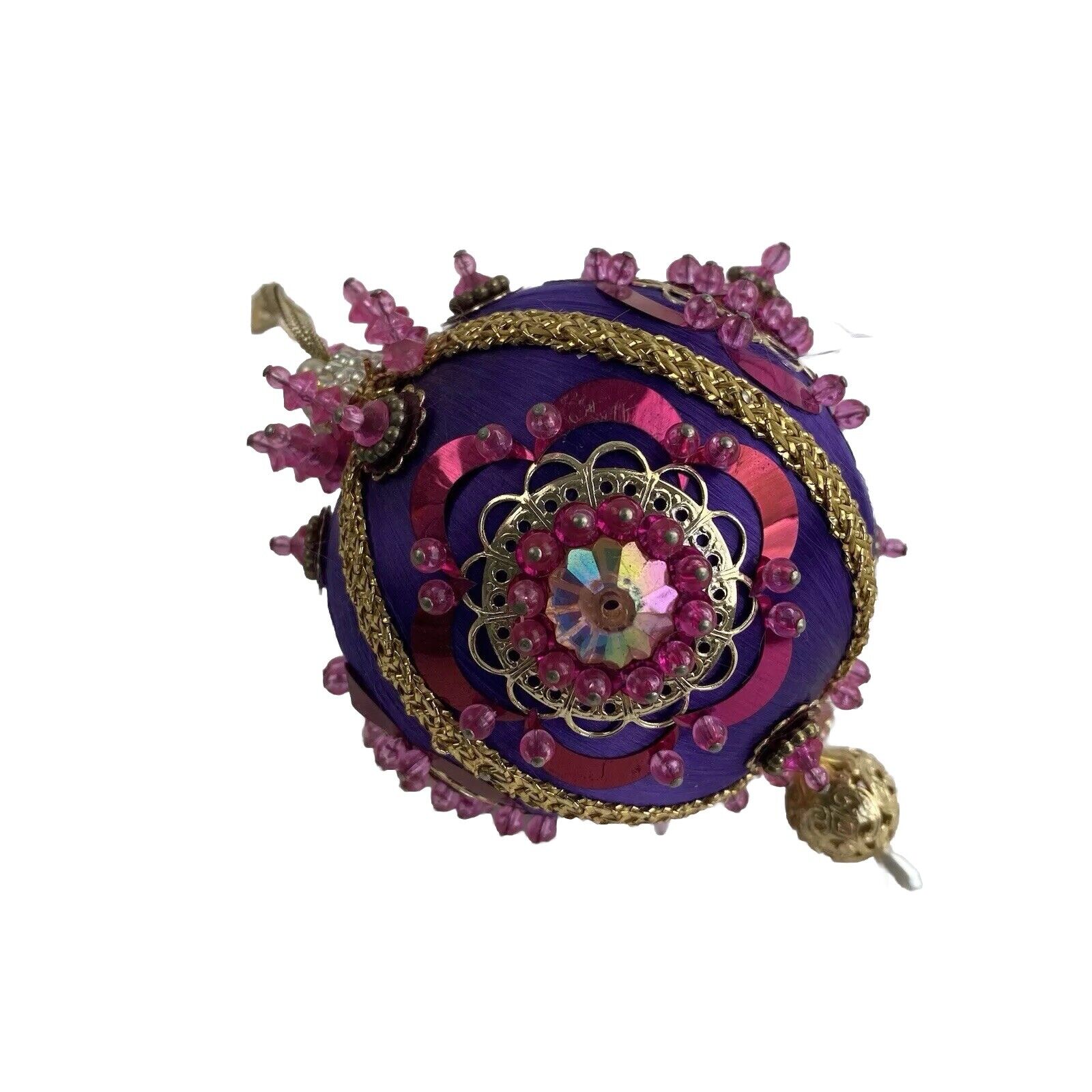 Vintage Purple Pink Gold Beads Satin Beaded Handmade Christmas Ornament Decor