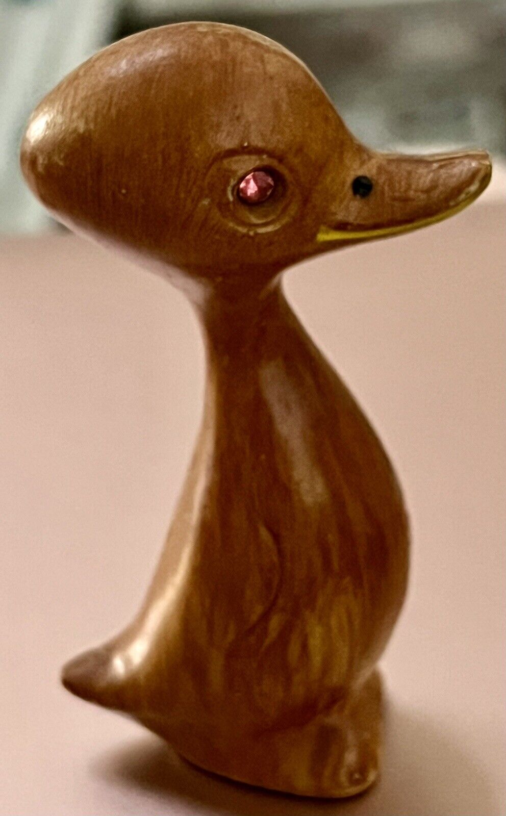 Wooden Resin Duck Figurine w/ Pink Rhinestone Eyes Yellow Smile Hong Kong