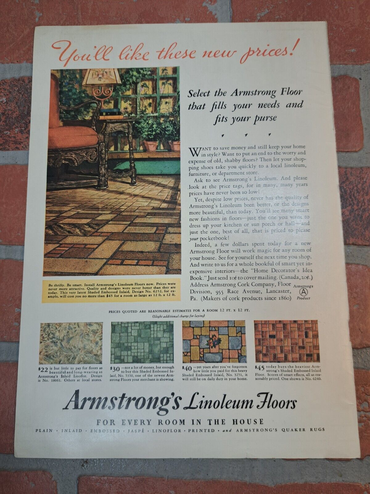 Vintage 1930s Armstrong Linoleum Floors Advertisement Art Deco