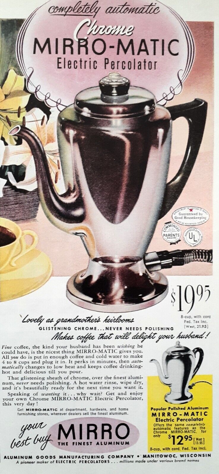 Chrome Mirro Matic coffee percolator Ad vintage 1953 original advertisement