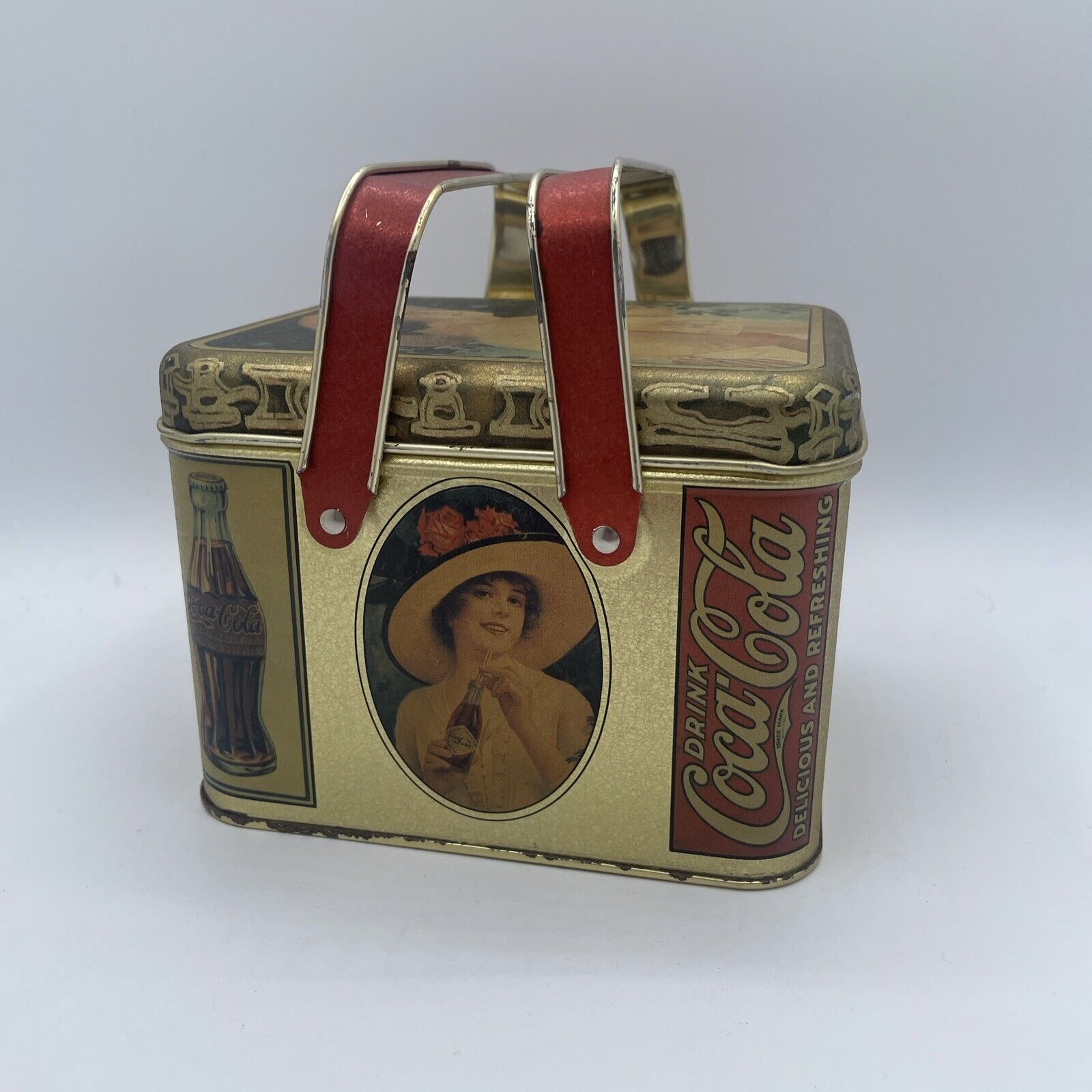 Coca Cola Tin Woman In Hat Collectible Tin With Handle Metal Box Lid Vintage