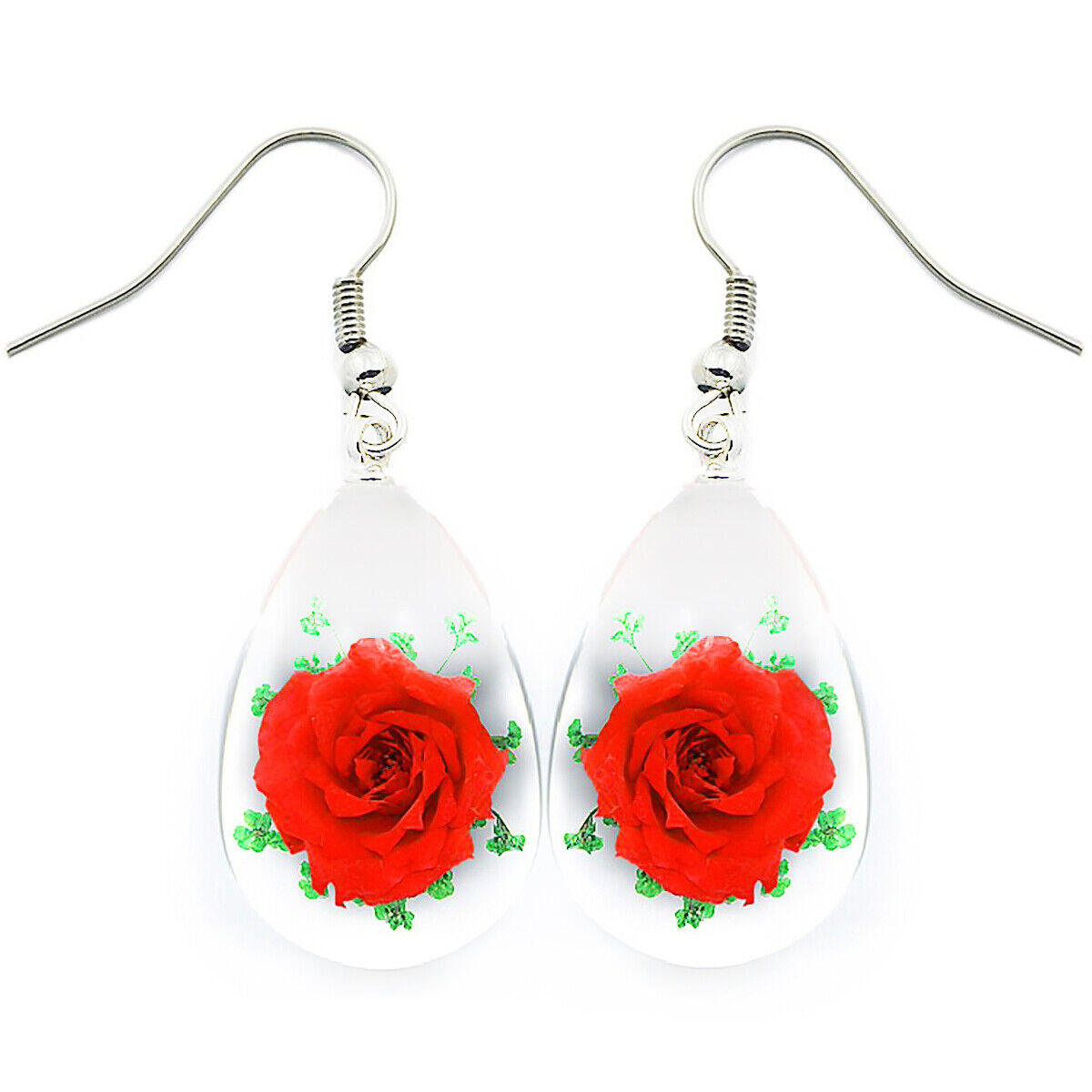 Flower real preserved red green rose earrings FE_6