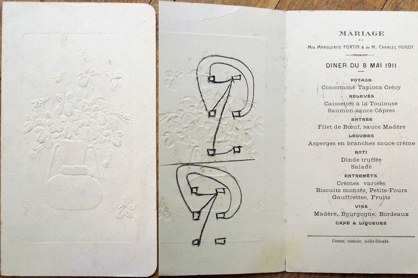 Menu: French 1911 Wedding w/Heavily-Embossed Cover - Caissettes a la Toulouse