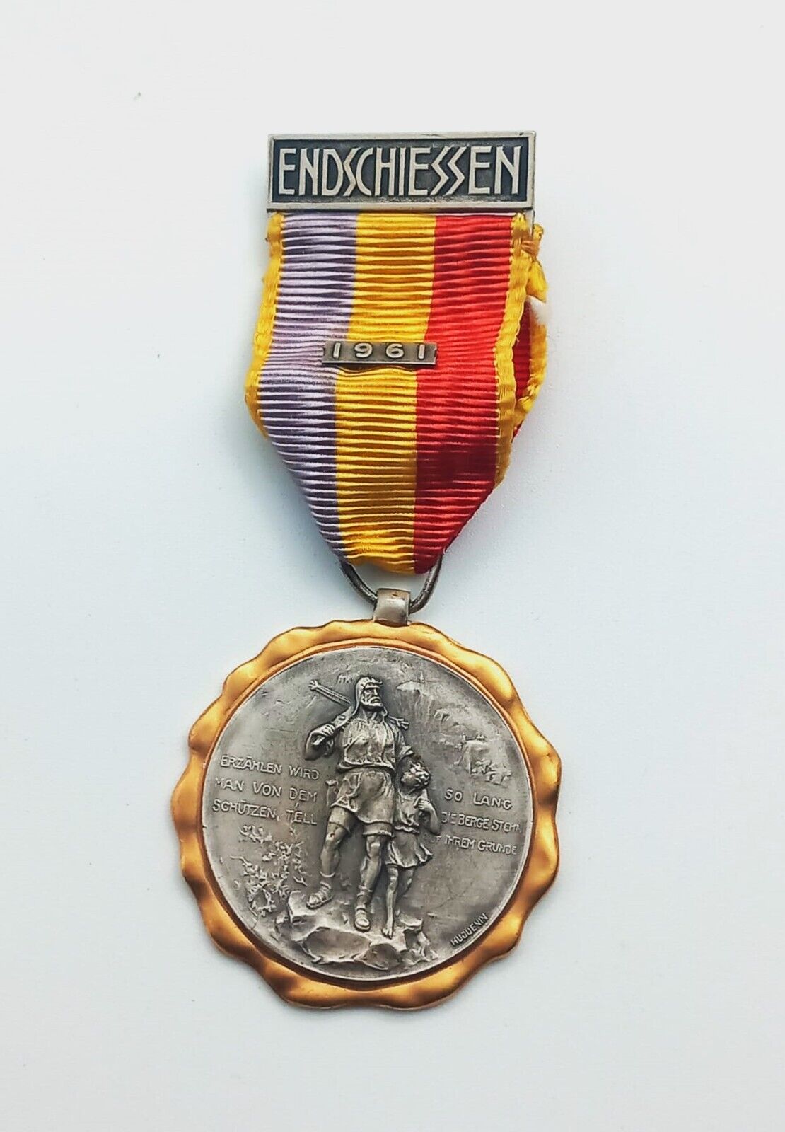 ENDSCHIESSEN 1961 swiss shotting ribon medal badge maker marked bimetal