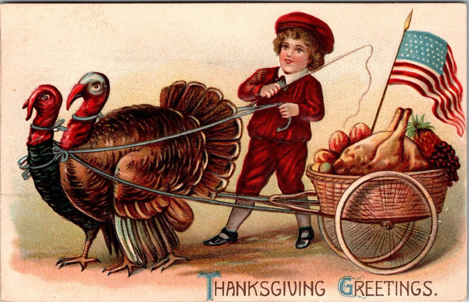 Thanksgiving Greetings Turkey Wagon Boy Stars Stripes Flag 1911 postcard JC8