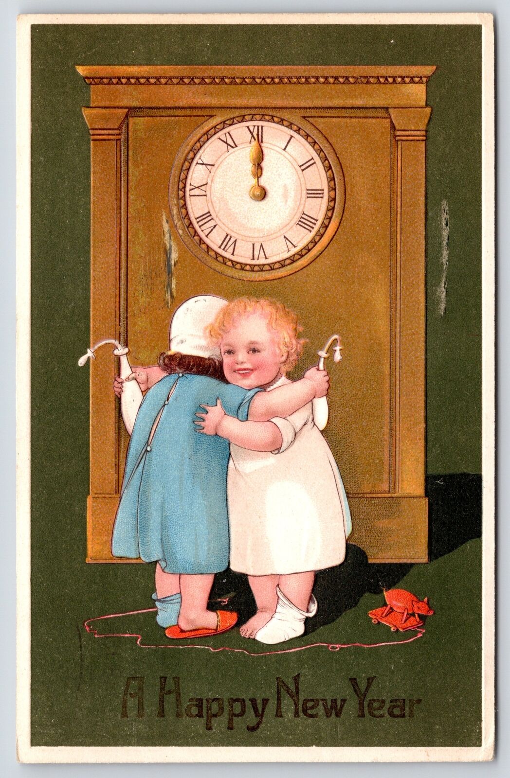 PFB Marie Flatscher New Year~Two Toddler Girls Hug by Grandfather Clock~1909