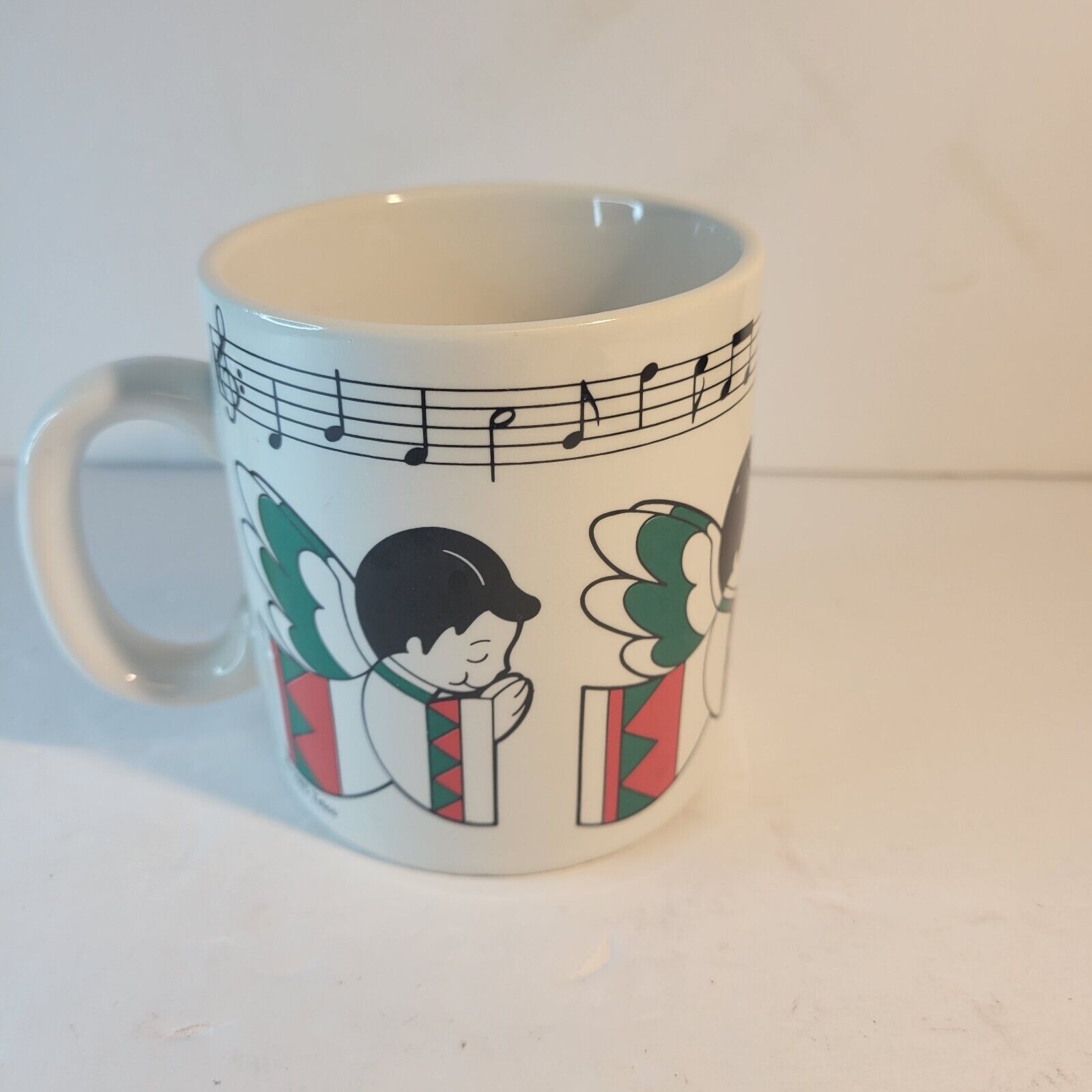 Holiday Angels Coffee Mug Vintage 1985 Telco Green White & Red Musical Notes