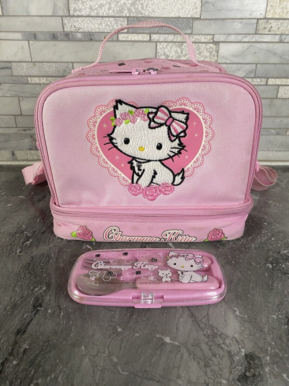 Sanrio Charmmy Charmy Kitty Lunch Box Bag Pink Cat Rose W/ Utensils (Rare)
