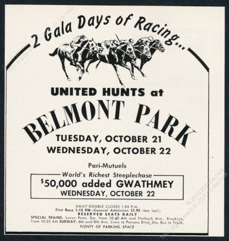 1958 Belmont Park horse racetrack United Hunts racing art vintage print ad