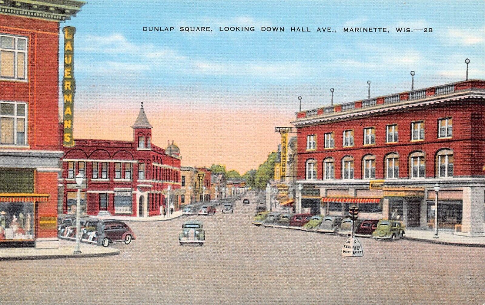 Marinette WI Wisconsin Dunlap Square Building Hall Ave Saloon Vtg Postcard C21