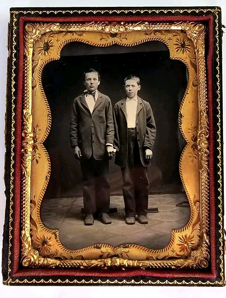1/4 Plate Civil War Era Tintype Boys Brothers Holding Hands Tax Stamp Tinted