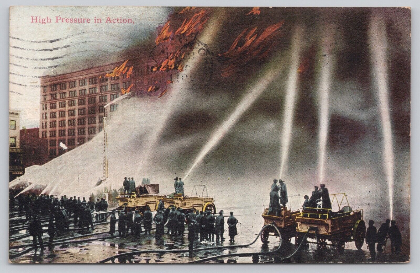 Postcard High Pressure in Action Firefighting Posted 1911