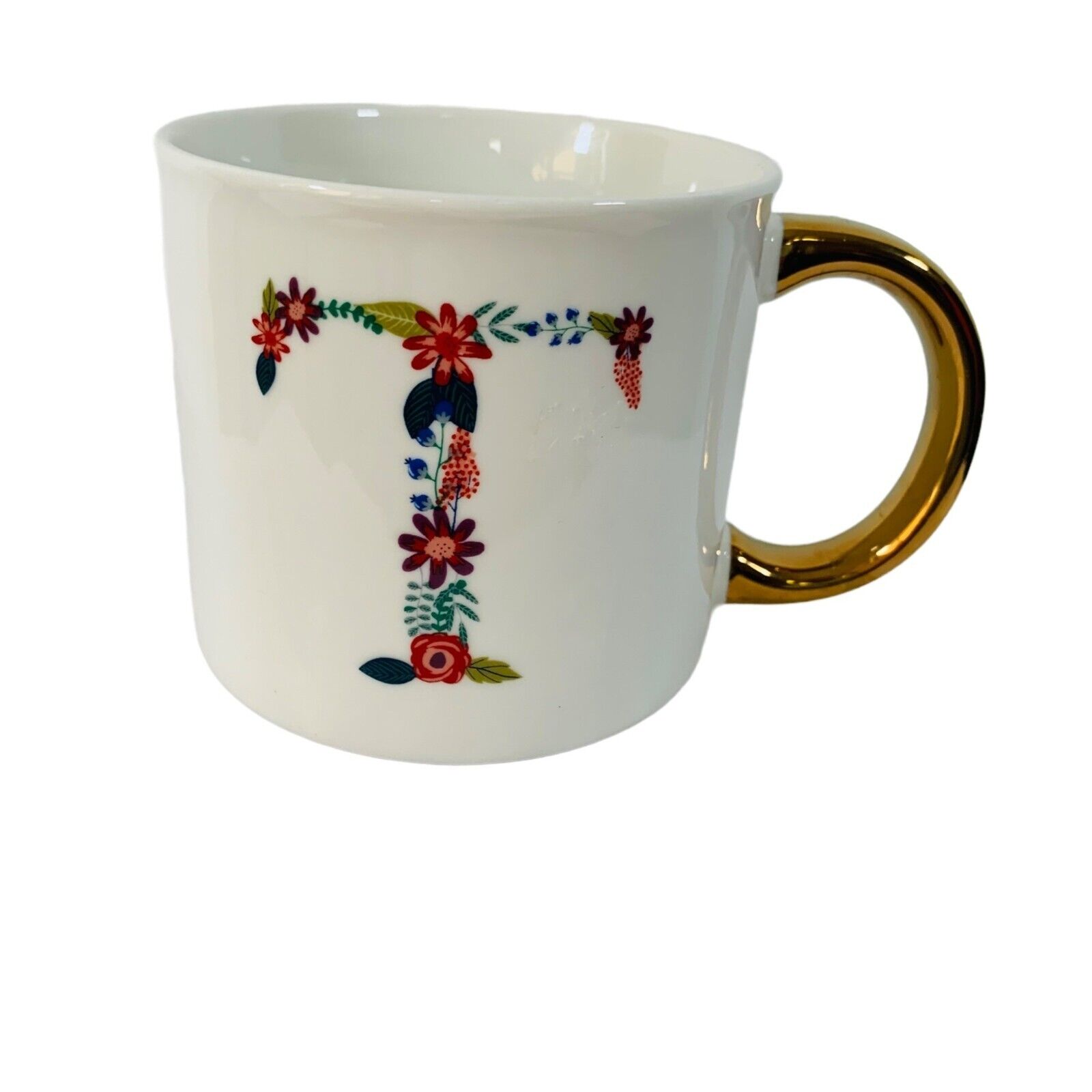 Opalhouse Monogrammed T Coffee Porcelain Mug White Floral Letter Gold Handle