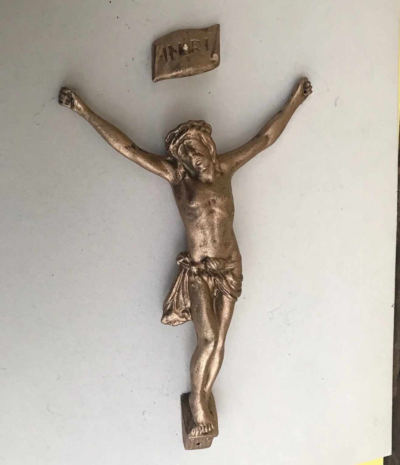 Lg Antique French Christ Corpus Christi Crucifix Copper Gilt 7” Metal Cast Cross