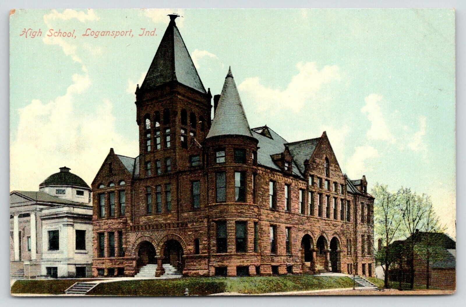 Logansport Indiana~High School Next to Church~1908 Postcard