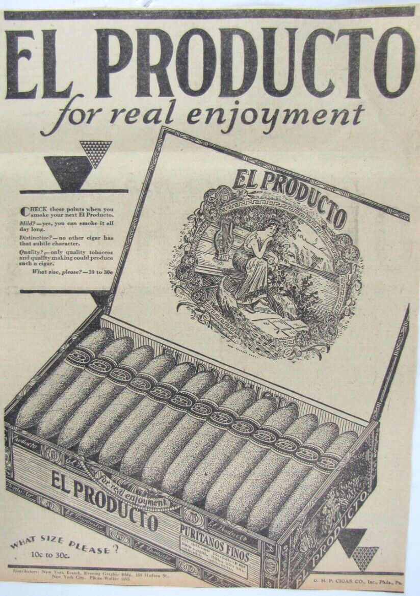 Vintage 1928 EL PRODUCTO Cigar Tobacco LARGE Newspaper Print Ad