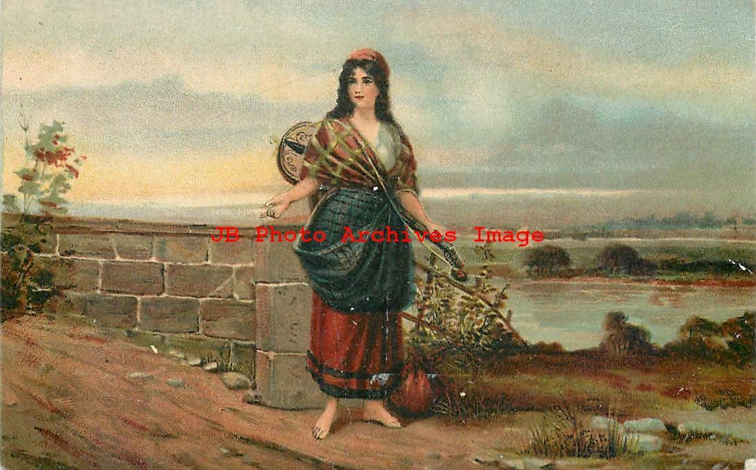Native Ethnic Culture Costume, Gypsy Woman with Guitar on her Back