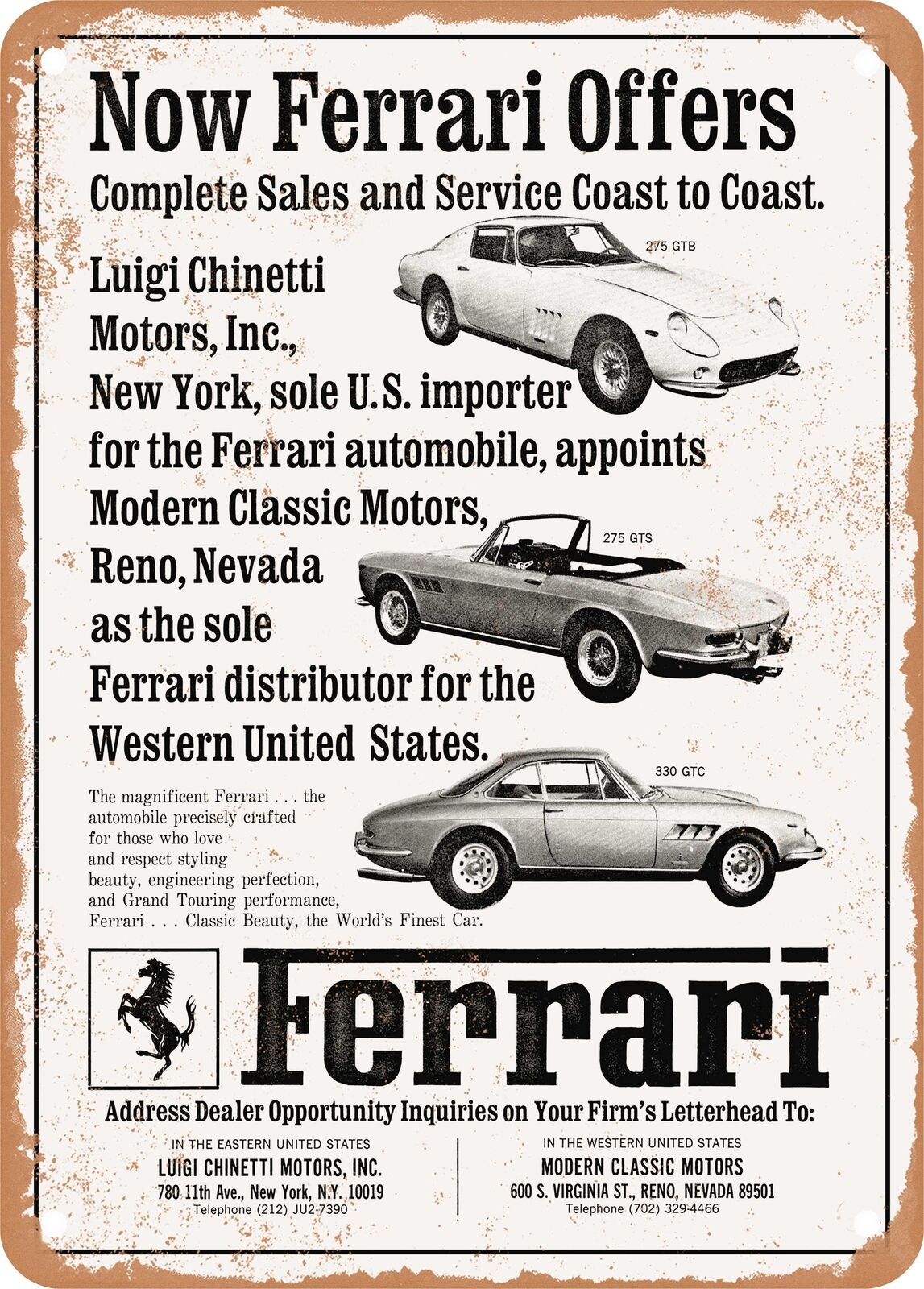 METAL SIGN - 1966 Ferrari US Distributor Vintage Ad