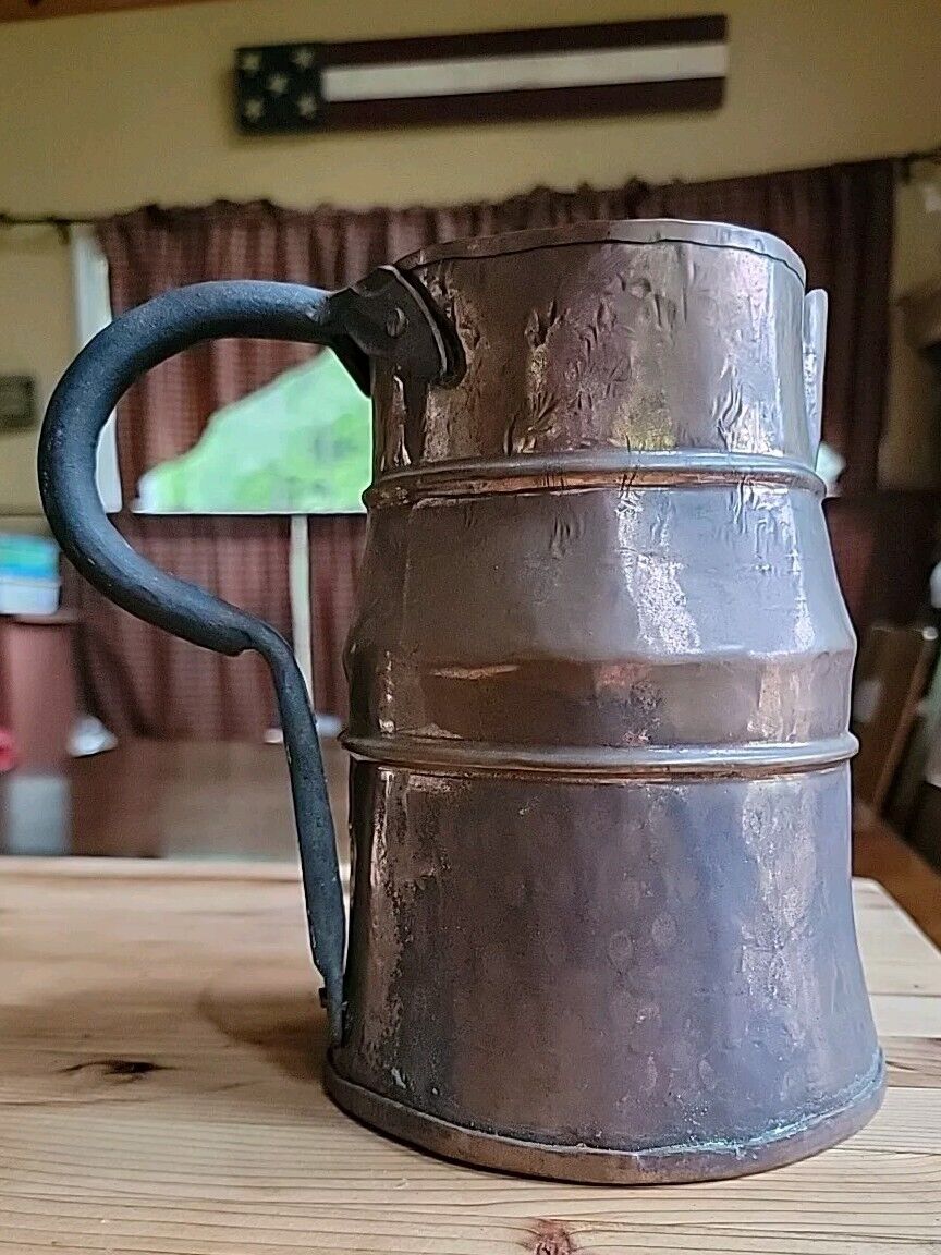 Antique Primitive Copper Pitcher With Wrought Iron Handle