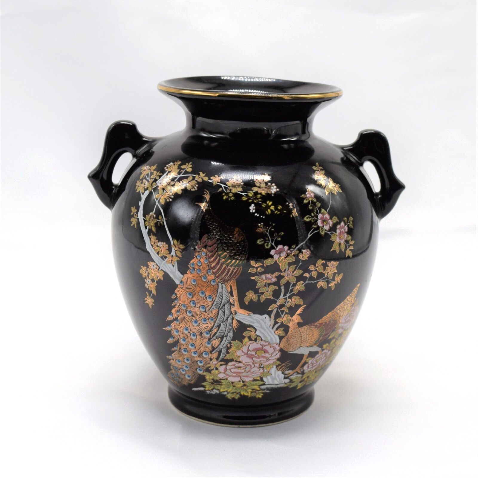 Vintage Japanese Black Gilded Peacock Design Vase with Handles