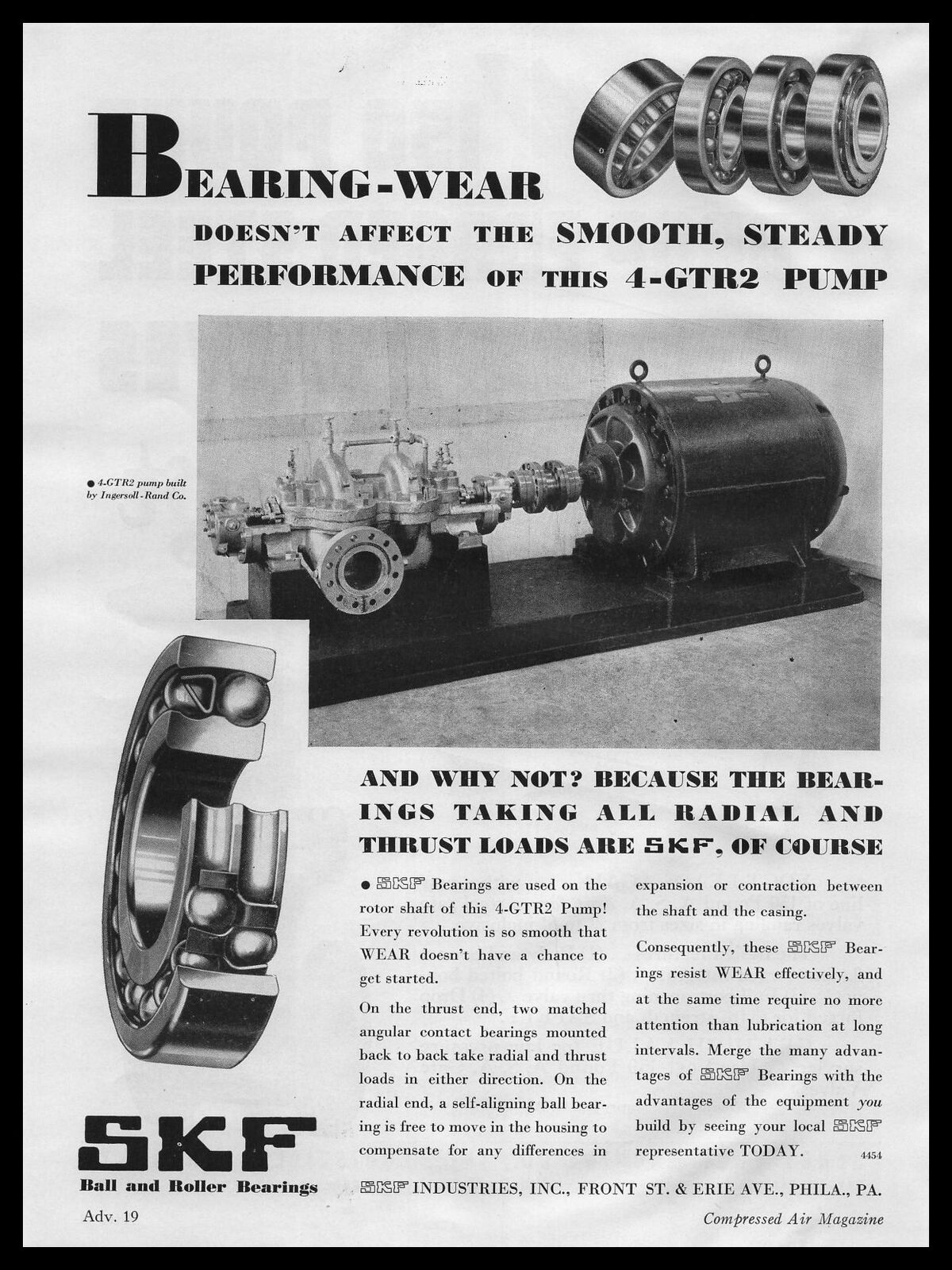 1939 SKF Industries Inc. Philadelphia Photo Ingersoll Rand 4-GTR2 Pump Print Ad