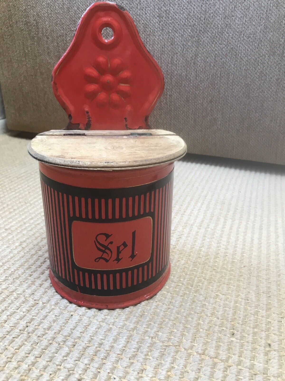 CLEARANCE ITEM READ = french SEL Box.  ENAMELWARE red with black raised stripes