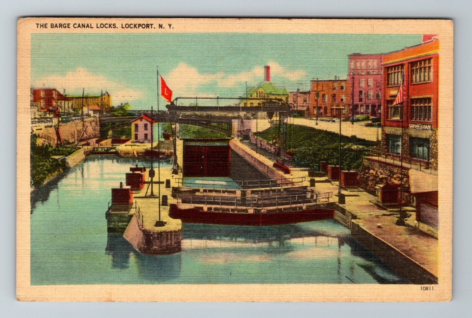 Lockport NY-New York, Barge Canal Locks, Town View Vintage Souvenir Postcard