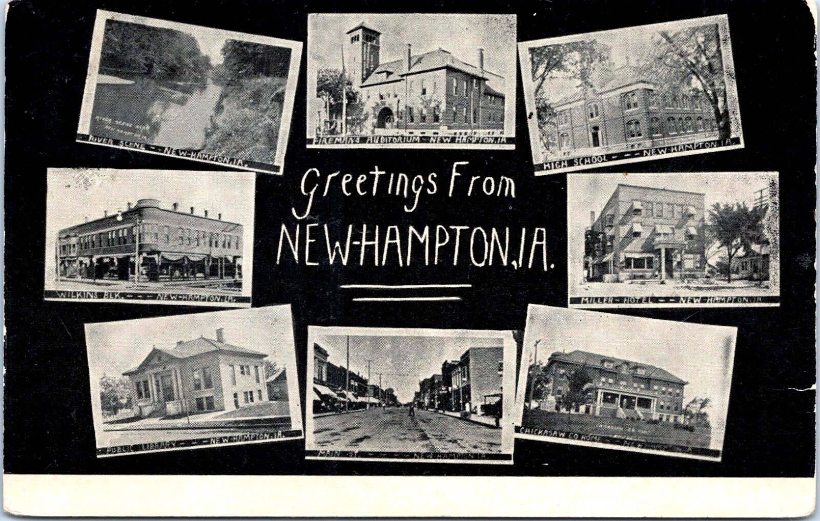Greetings New Hampton IA c1914 Chickasaw Home \'Poor House\' Library School Hotel