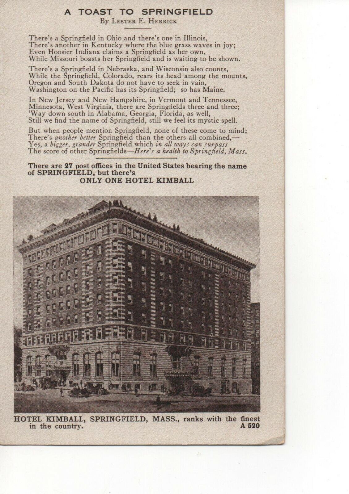 Postcard MA Springfield Massachusetts Hotel Kimball F9