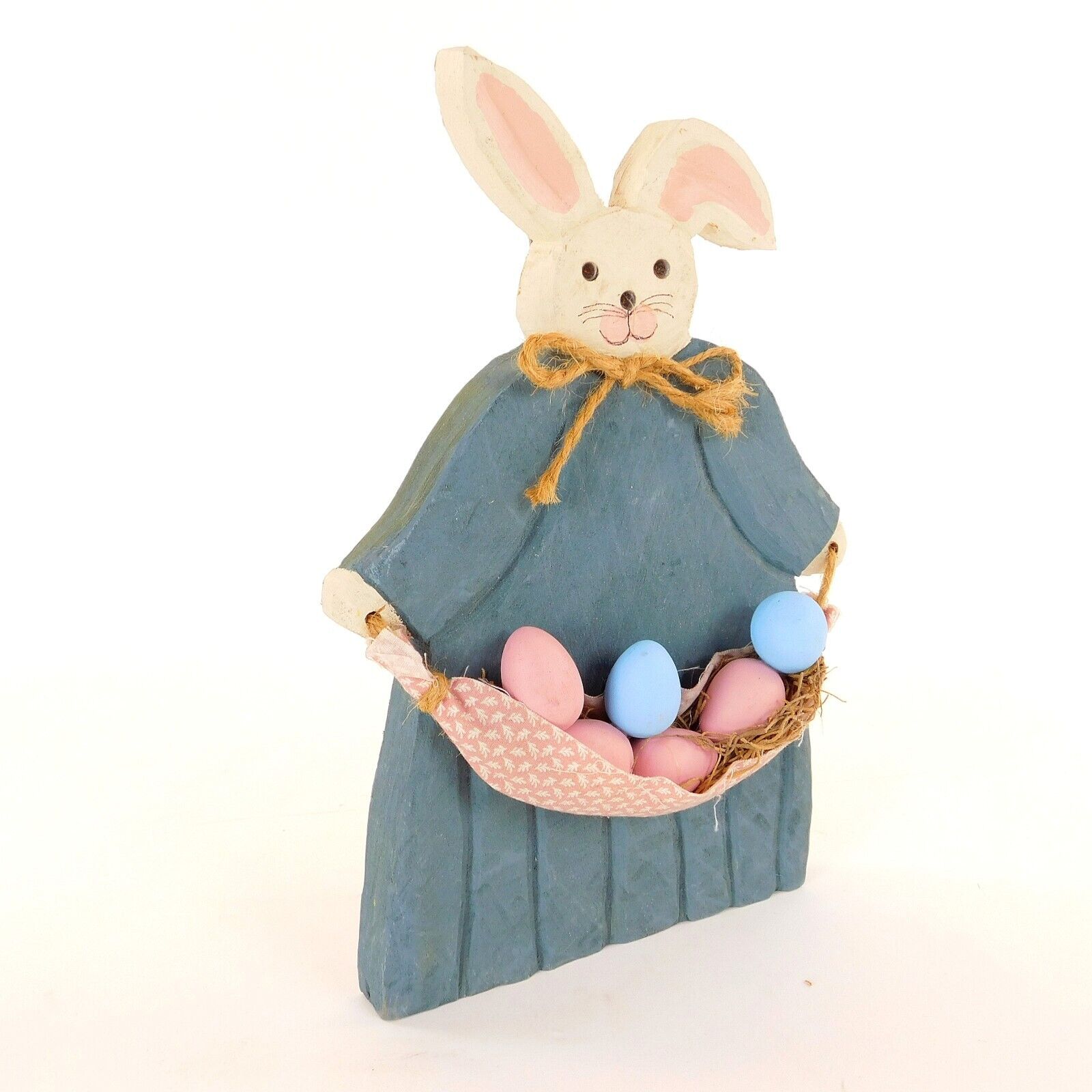 Momma Wooden Bunny Rabbit Easter 6 Eggs Jute Bow Blue Dress