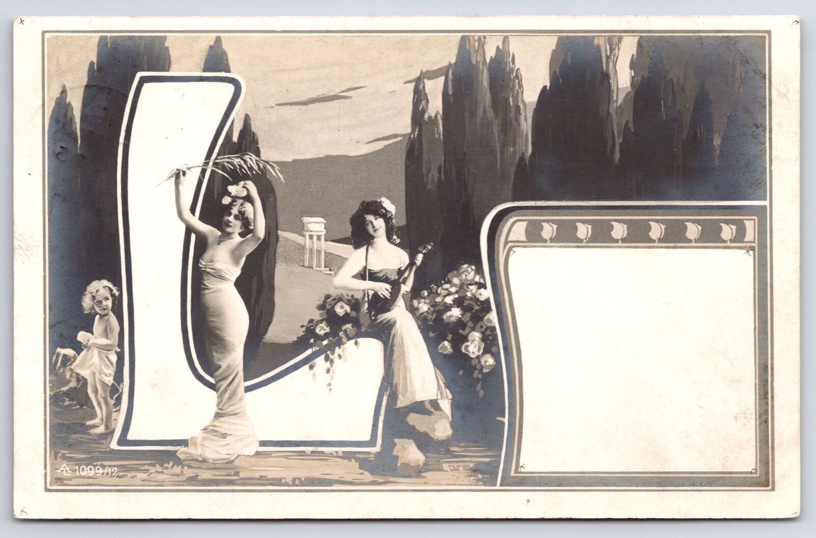 Alphabet Initial Series~Large Letter L~Sirens~Lute Player~Child Peeks~1907 RPPC