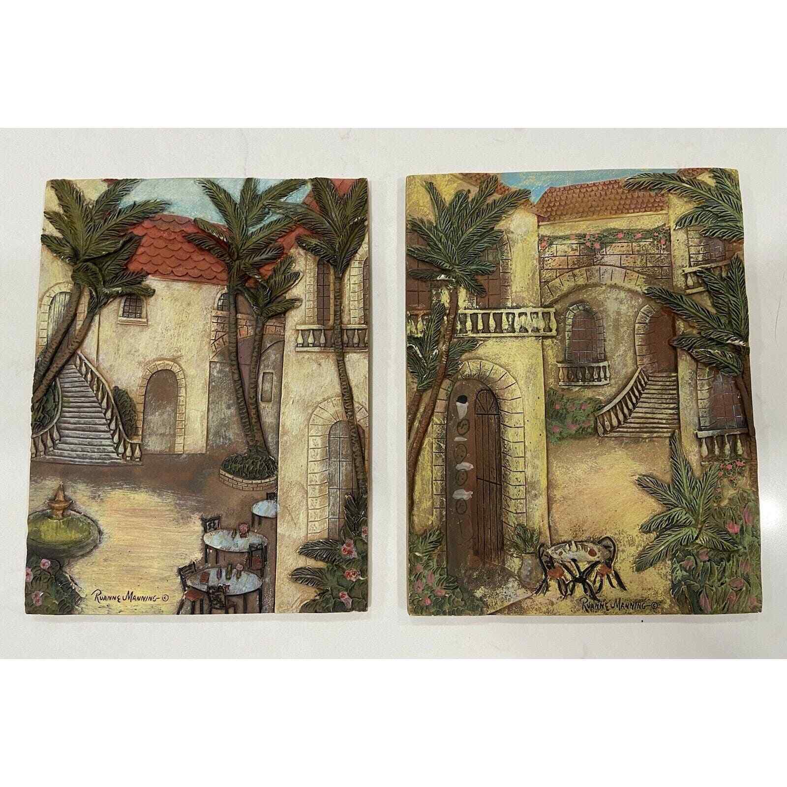 Ruane Manning 3D Paris Outdoor Cafe Signed Wall Plaques (2) Colorful & Detailed